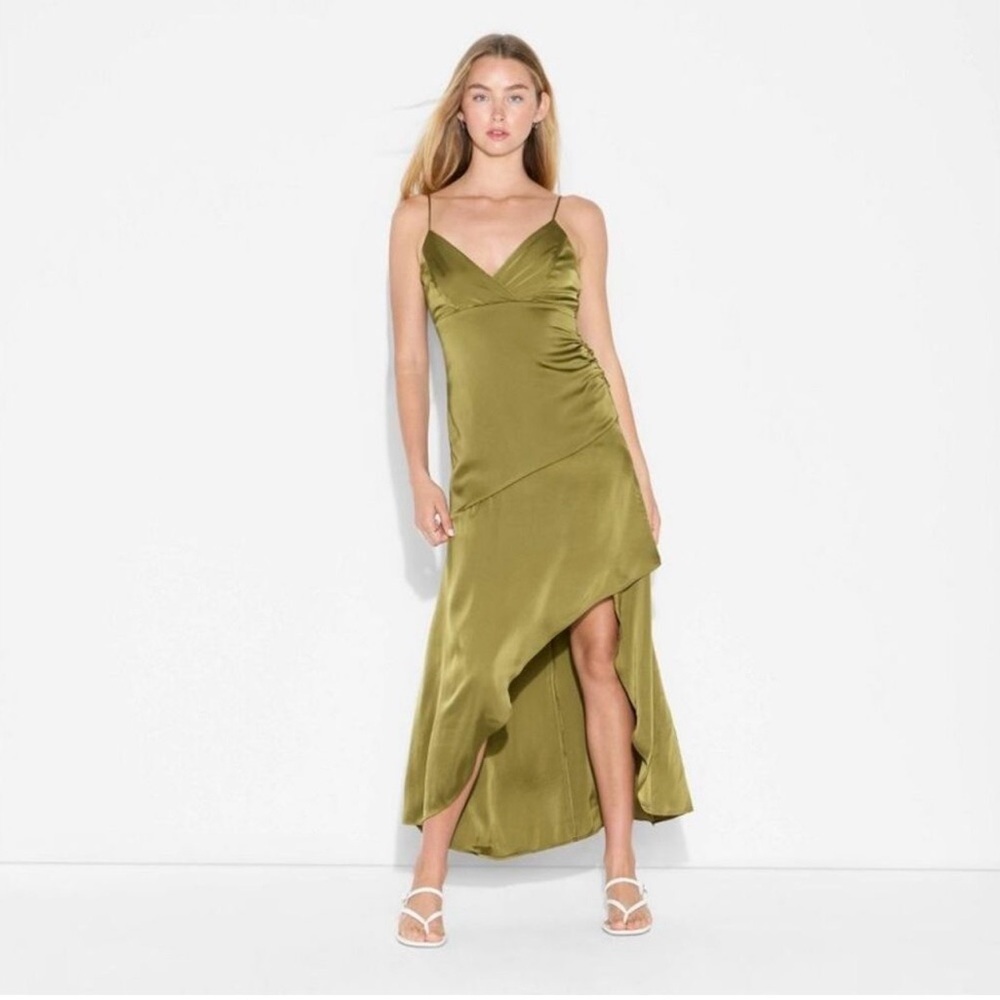 🌸2/$20 NWT New Fable Women's Satin Asymmetrical A-Line Maxi Dress- Olive Green M